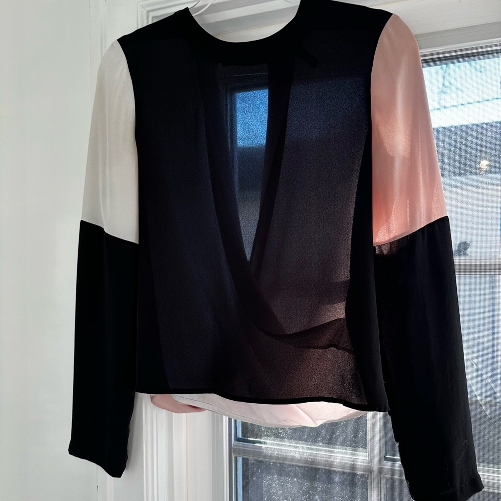 BCBGMaxAzria Black and Pink Long Sleeve Sheer Blouse with Cut Out Details